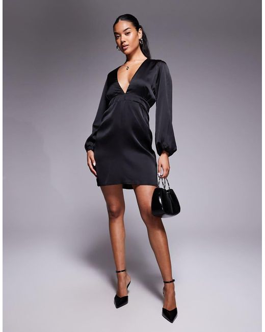 Vesper Black Plunge Neck Long Sleeve Satin Mini Dress