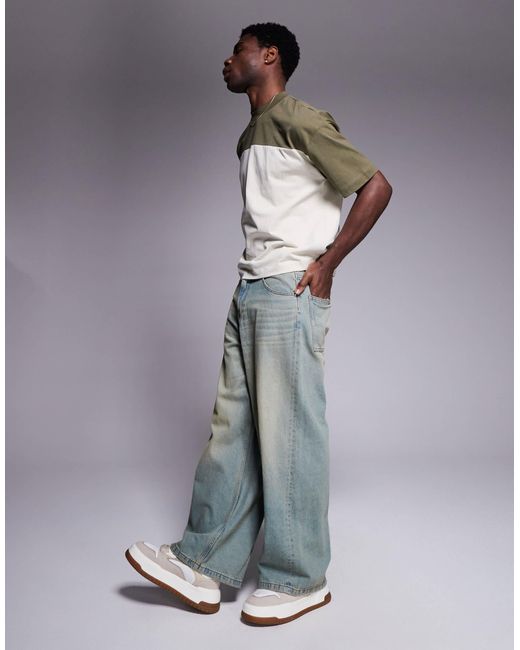 T-shirt oversize coupe carrée avec empiècement contrastant sur le corps - vert et kaki ASOS pour homme en coloris Gray