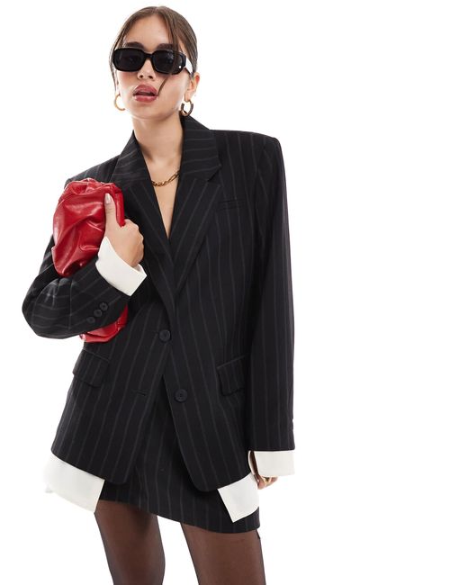 Blazer oversize rayé ton sur ton avec poignets et ourlet apparents ASOS en coloris Black