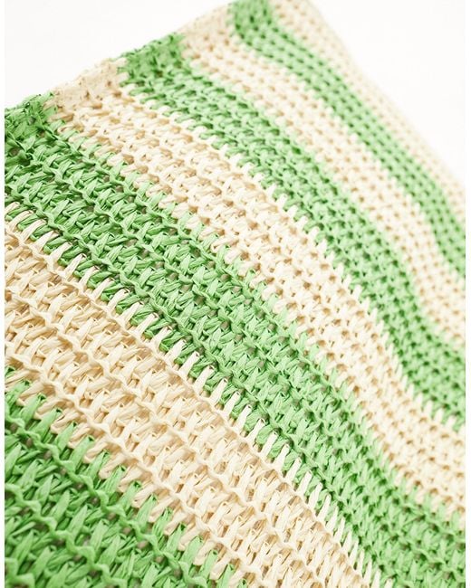 South Beach Green Striped Straw Woven Shoulder Tote Bag