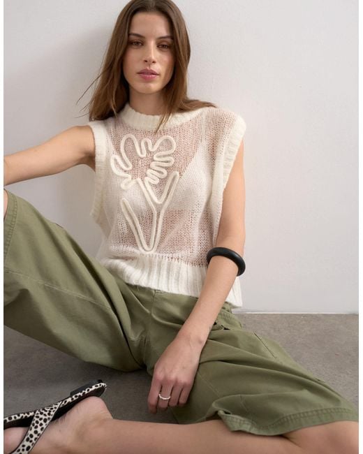 TOPSHOP Gray Knit Sheer Embroidered Floral Sweater Vest