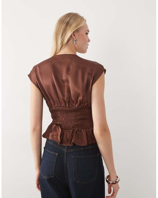 Miss Selfridge Natural Satin V Neck Top With Shirred Waist