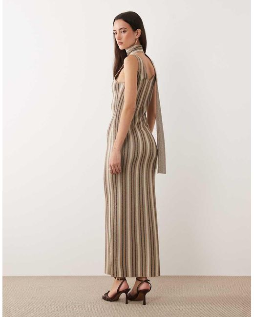 Pretty Lavish Natural Tierra Sparkle Stripe Knit Maxi Dress With Scarf
