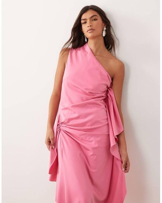 ARRANGE Pink One Shoulder Draped Maxi Dress With Ruffles