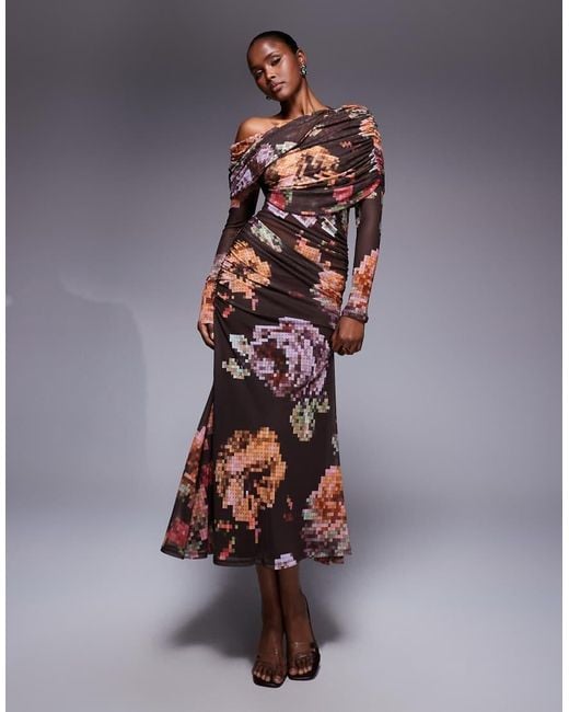 ASOS Multicolor Printed Mesh Long Sleeve Slouchy Bardot Maxi Dress
