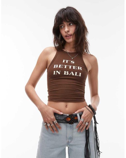 Motel Brown Farida Bali Slogan Singlet Top