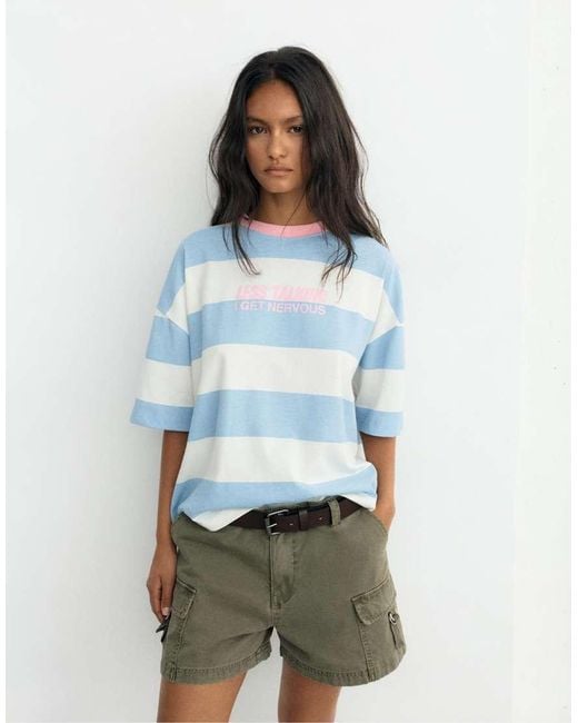 Pull&Bear Blue Oversize Striped Graphic T-Shirt