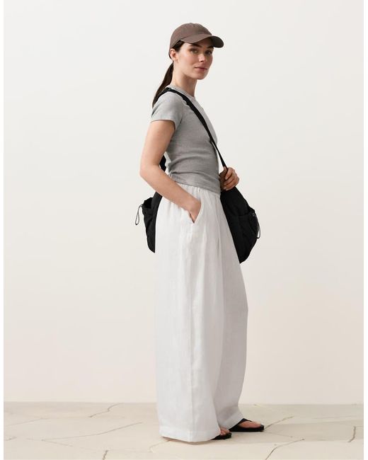 Oysho White 100% Linen Wide Leg Trousers