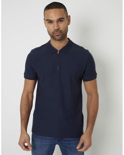 Threadbare Blue Textured Cotton Quarter Zip Polo Shirt for men