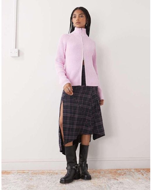 Monki Pink Rib Knit Two Way Zipper Cardigan