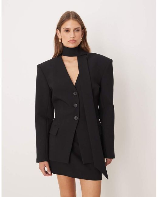 ASOS Black Cinch Shoulder Pad Blazer With Scarf Co Ord