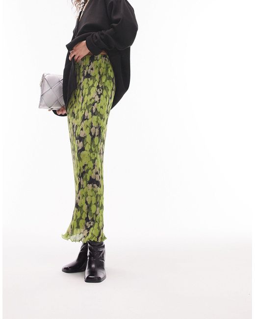 TOPSHOP Green Plisse Floral Printed Midi Skirt