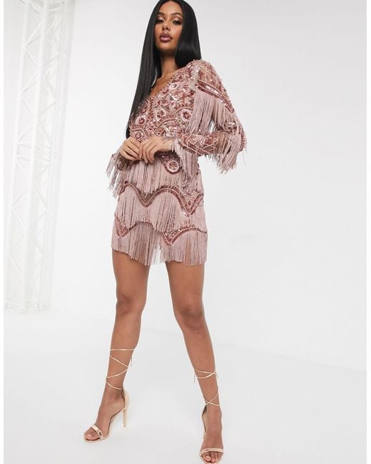 A Star Is Born Multicolor Exclusive Embellished Tassel Mini Dress With Plunge Front
