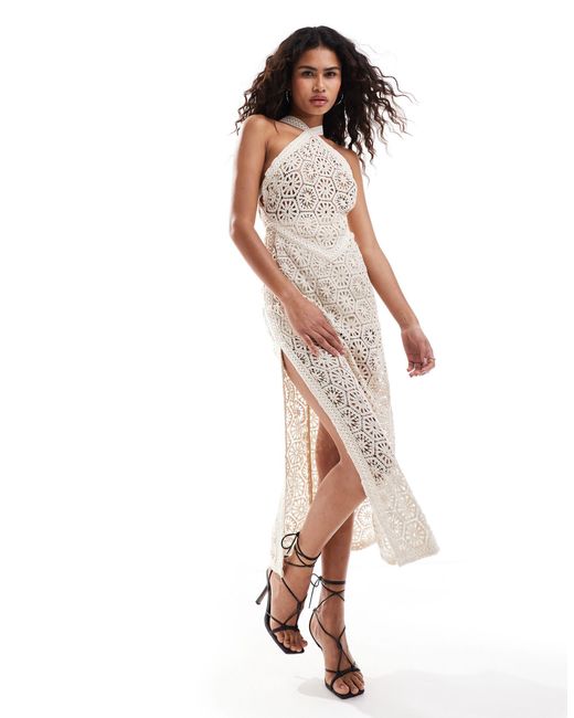 Amy Lynn White Crochet Halter Midaxi Dress With Cut Out Back Detail