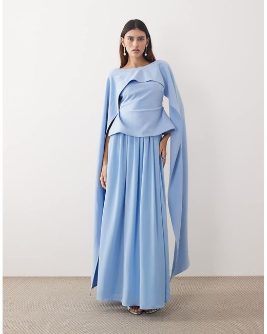 ARRANGE Blue Drape Shoulder Layered Pleated Maxi Dress