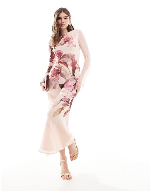 ASOS Long Sleeve Cream Maxi Dress With Pink Floral Print