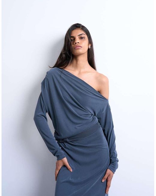 TOPSHOP Blue Cupro Long Sleeve Off The Shoulder Twist Detail Top