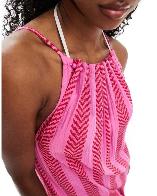 Vestido Playero Largo Y Rojo Con Cuello Halter Y Patrón Texturizado De Accesorize Accessorize de color Pink