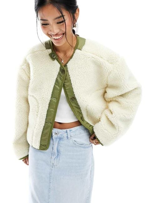 ASOS White Collarless Cropped Borg Fleece Jacket