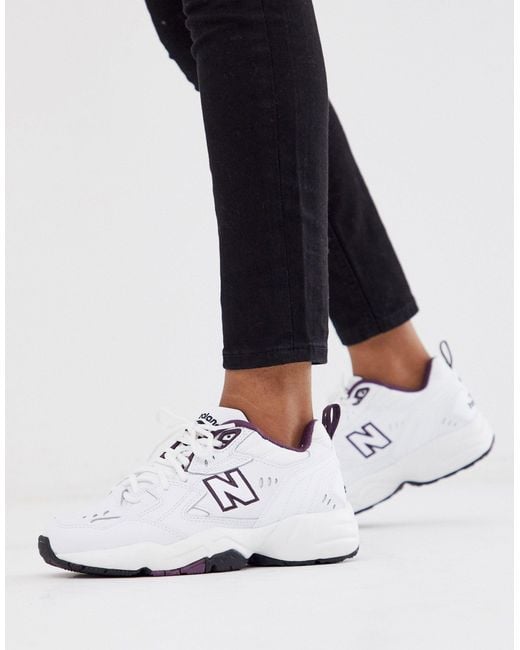 608 - Sneakers bianche e viola con suola spessaNew Balance in Pelle di  colore Bianco | Lyst