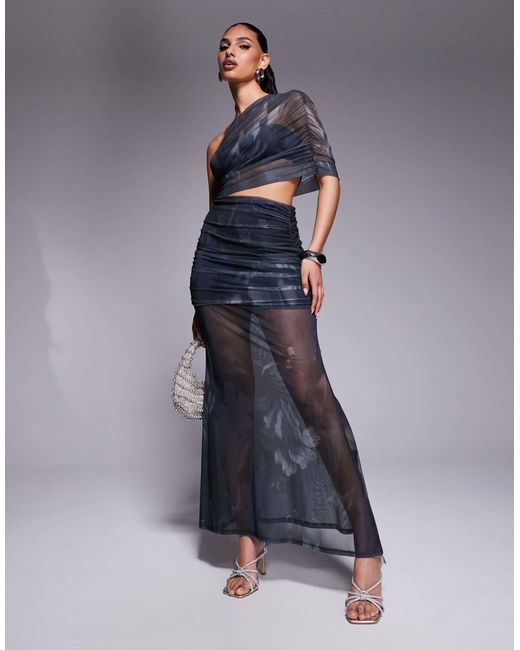 ASOS Blue One Shoulder Maxi Dress With Ruched Bodice And Sheer Skirt