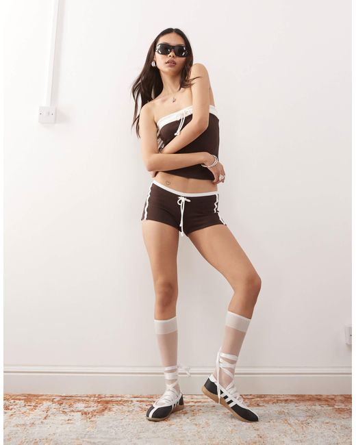 Monki Natural Tie Waist Hotpants With Varsity Print