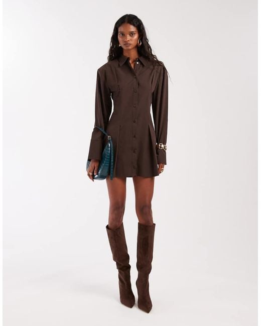 ASOS Brown Cinched Shoulder Pad Shirt Mini Dress