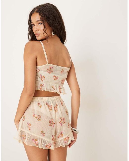 ASOS Brown Sheer Frill Hem Crop Top With Embroidery