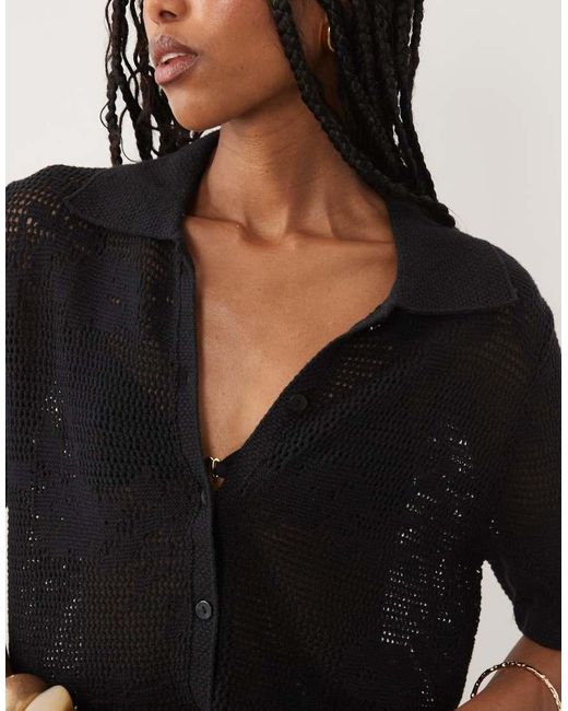 Abercrombie & Fitch Black Open Knit Button Up Top