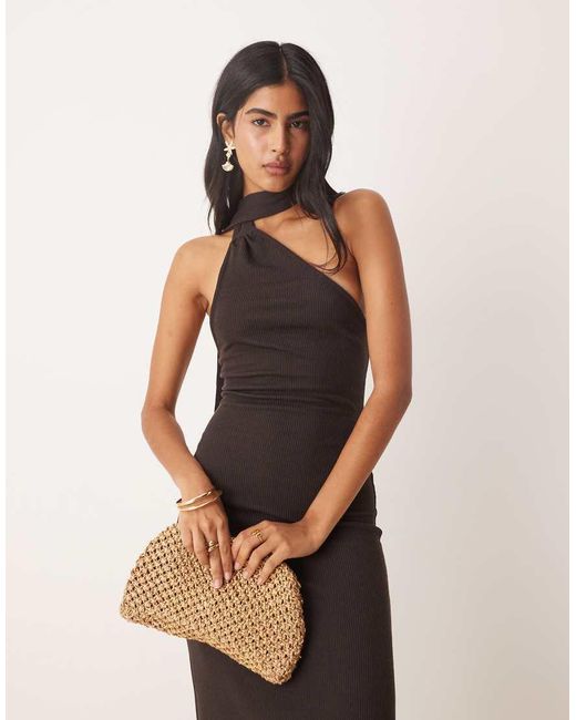 ASOS Natural Ribbed One Shoulder Neck Scarf Midi Dress