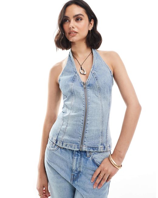 Veston d'ensemble zippé en denim à dos nu - clair Mango en coloris Blue