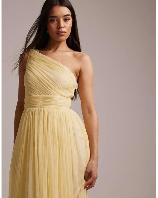 LACE & BEADS Natural Bridesmaid Tulle One Shoulder Maxi Dress