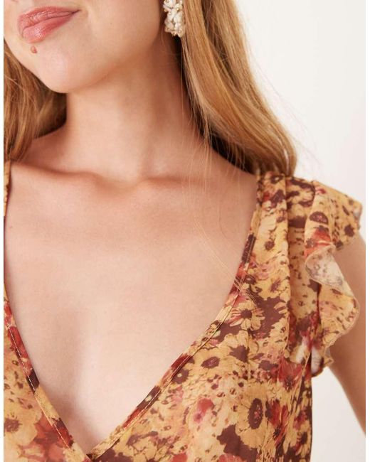 Motel Natural Heidi Chiffon Floral Print Wrap Co-Ord Top