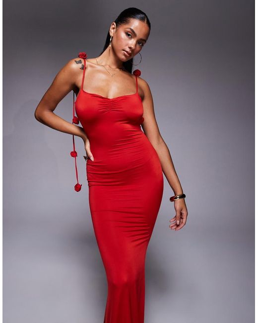 Oh Polly Red Aldona Slinky Jersey Rose Detail Maxi Dress