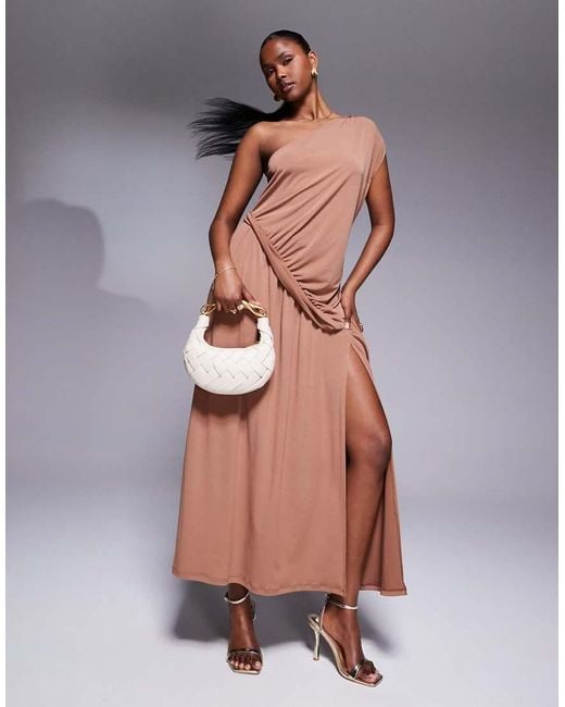 ASOS Maxi-Jurk Met Blote Schouder, Gerimpeld Detail En Zijsplit in het Gray