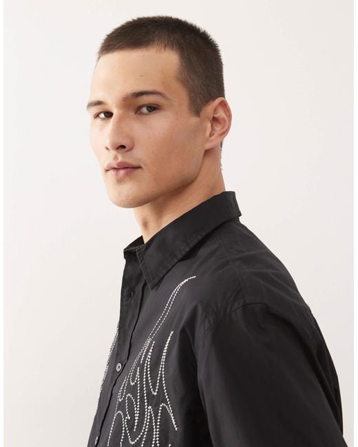 Weekday Black Co-ord Oversized Shirt With Silver Embroidery for men