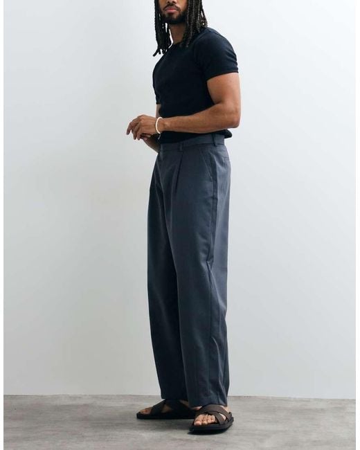 ASOS Blue Pleated Wide Barrel Leg Dress Pants for men