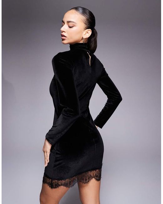 ASOS Black Velvet High Neck Mini Dress With Scallop Lace Deep Hem Detail