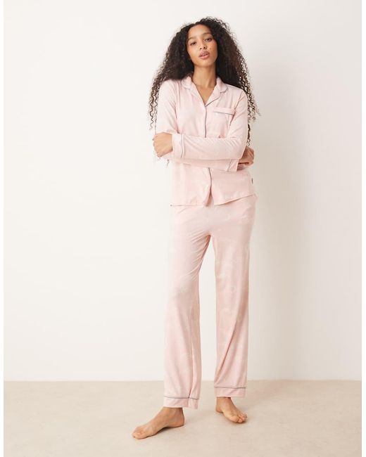 Chelsea Peers Pink Poly Long Sleeve Revere Pyjama Set