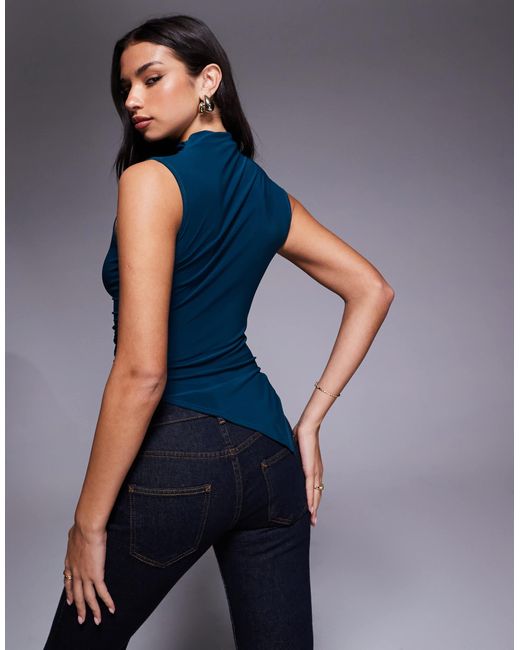 ASOS Blue Slinky Grown On High Neck Gathered Asymmetrical Hem Top