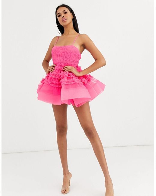 LACE & BEADS Structured Tulle Mini Dress With Built in Pink | Lyst