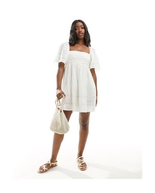 Abercrombie & Fitch White Ruched Bust Mini Dress With Lace Detailing