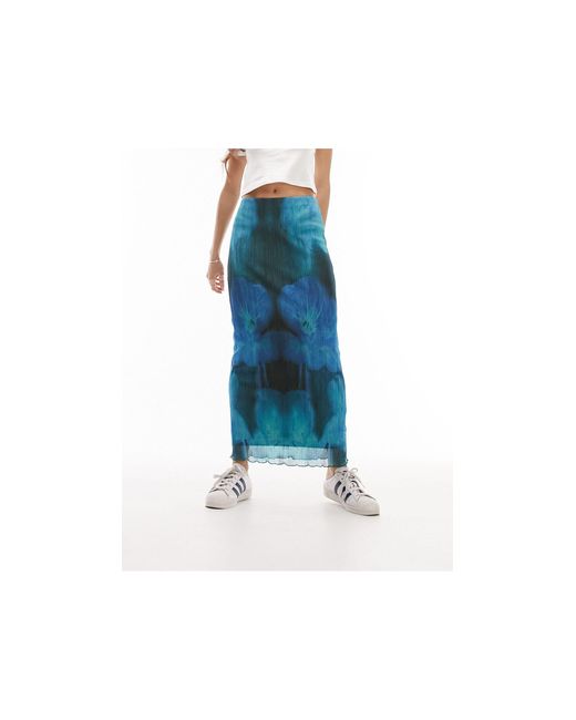 TOPSHOP Blue Textured Plisse Blurred Floral Print Midi Skirt