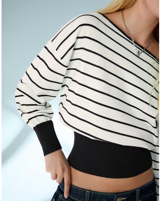 Bershka White Asymmetric Neck Print Jumper