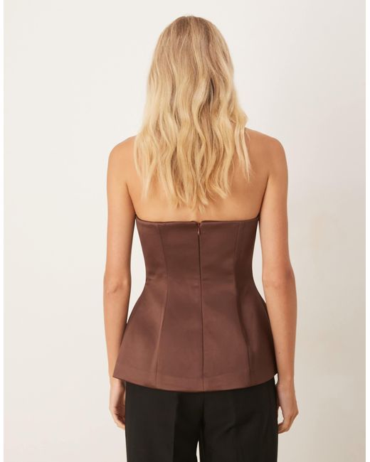 ASOS Brown Premium Structured Satin Peplum Hem Bandeau Top