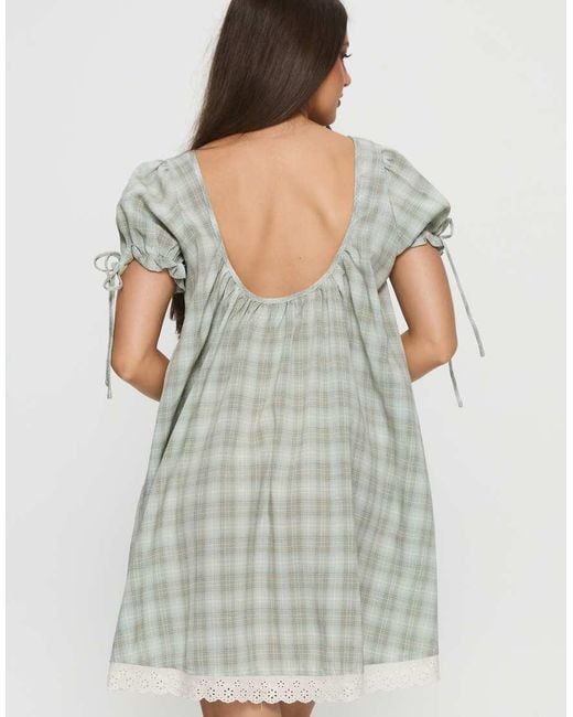 Princess Polly Metallic Embracing Puff Tie Sleeve Scoop Neck Lace Trim Babydoll Mini Dress