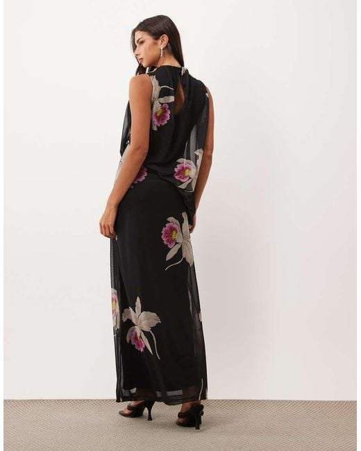 ASOS White Asymmetric Printed Mesh Blouson Maxi Dress With Grown On Neck