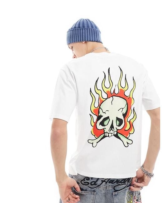 Ed Hardy Oversized T shirt With Logo Front And Flaming Skull Back Print in White for Men Lyst UK