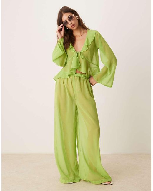 esmé studios Green Esmee Exclusive Mesh Long Sleeve Beach Crop Top Co-ord With Ruffle Detail