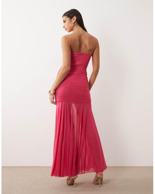 Ruched & Ready Pink Sculpted Mesh Strapless Cut Out Knot Detail Sheer Hem Maxi Dress